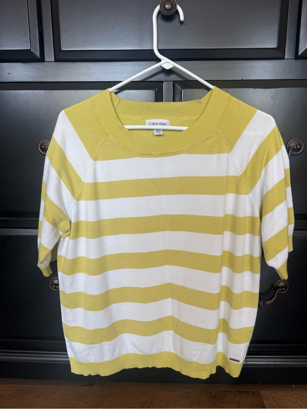 Calvin Klein White & Yellow Striped Short Sleeve Knit Top